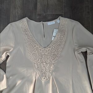 New York & Company Beige Lace-Trim V-Neck Blouse